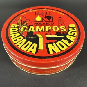 Vintage Campos Red Metal Tin Container Goiabada Doces Nolasco Petroleo